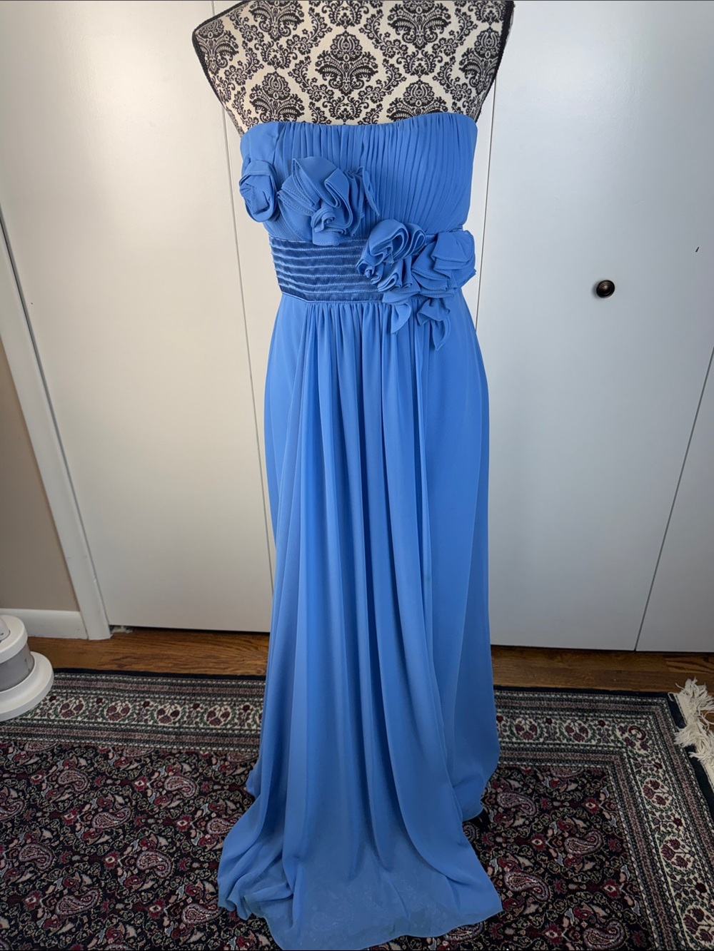 Bill Levkoff Strapless Floral-Appliqué Chiffon Gown - Blue